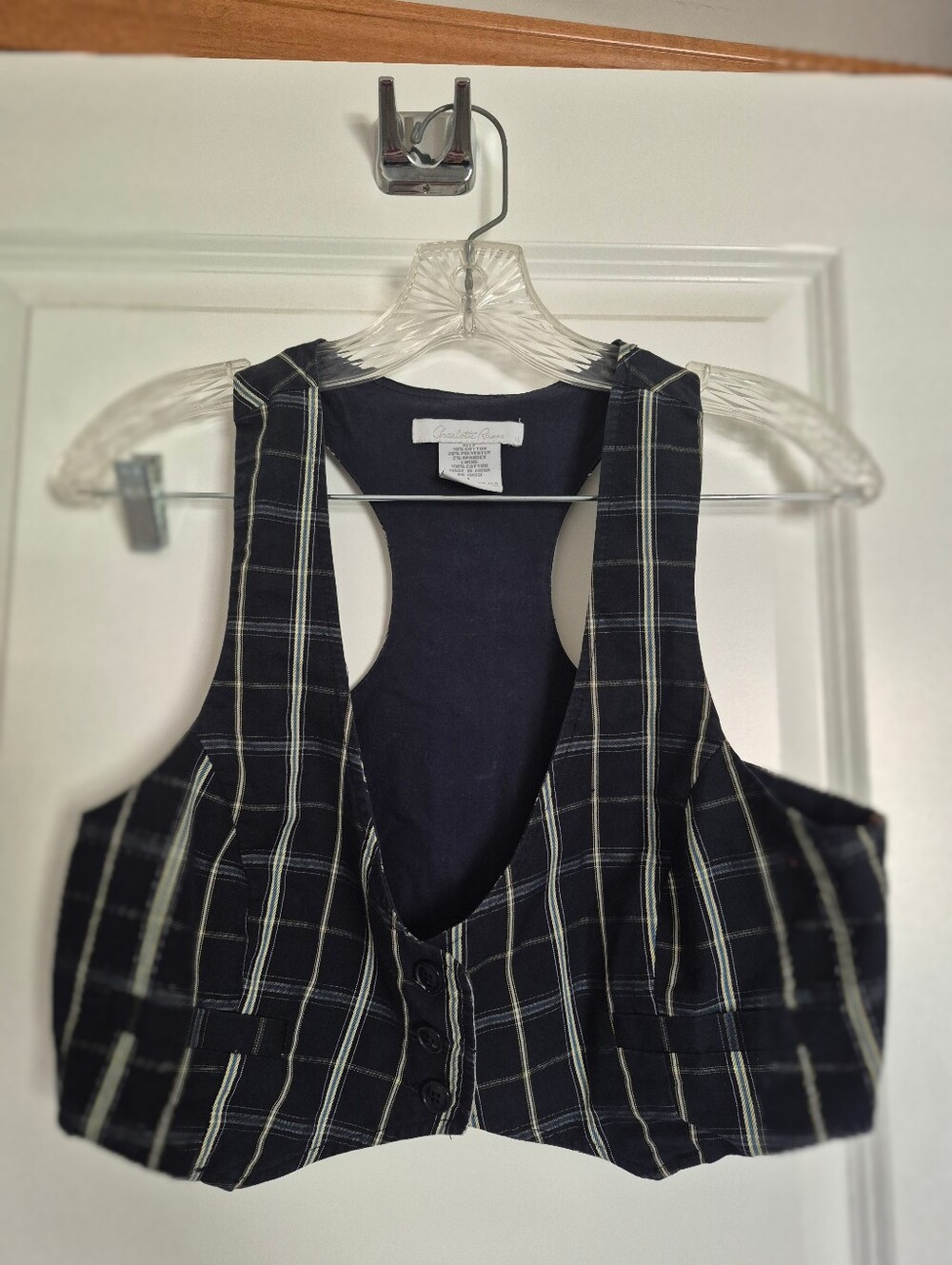 Black Plaid Cropped Vest with White Windowpane